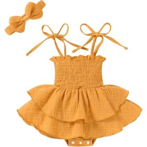 imageYOUNGER TREE Baby Girl Clothes Infant Summer Romper Dress Sleeveless Bodysuit Jumpsuit with Headband Toddler OutfitsYellow