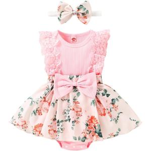 imageYOUNGER TREE Baby Girl Dresses Newborn Girls Dress Floral Baby Girl Summer Clothes Infant Headband Romper OutfitsPink