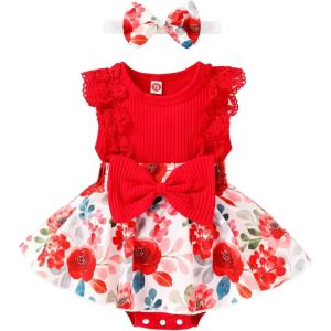 imageYOUNGER TREE Baby Girl Dresses Newborn Girls Dress Floral Baby Girl Summer Clothes Infant Headband Romper OutfitsRed
