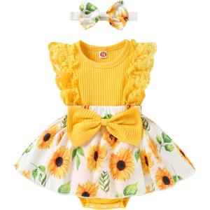 imageYOUNGER TREE Baby Girl Dresses Newborn Girls Dress Floral Baby Girl Summer Clothes Infant Headband Romper OutfitsS2 Yellow