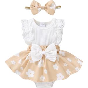 imageYOUNGER TREE Baby Girl Dresses Newborn Girls Dress Floral Baby Girl Summer Clothes Infant Headband Romper OutfitsS7 White
