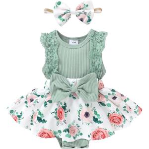 imageYOUNGER TREE Baby Girl Dresses Newborn Girls Dress Floral Baby Girl Summer Clothes Infant Headband Romper OutfitsS8 Green