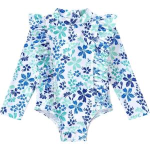imageYOUNGER TREE Baby Swimsuit Girl Long Sleeve Ruffle Zipper Rash Guard Infant One Piece Swimwear Toddler Bathing Suit GirlBlueflower