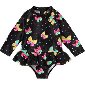 imageYOUNGER TREE Baby Swimsuit Girl Long Sleeve Ruffle Zipper Rash Guard Infant One Piece Swimwear Toddler Bathing Suit GirlColorful Butterflies