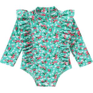 imageYOUNGER TREE Baby Swimsuit Girl Long Sleeve Ruffle Zipper Rash Guard Infant One Piece Swimwear Toddler Bathing Suit GirlGreen