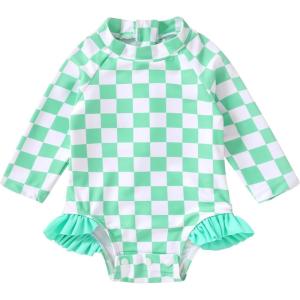 imageYOUNGER TREE Baby Swimsuit Girl Long Sleeve Ruffle Zipper Rash Guard Infant One Piece Swimwear Toddler Bathing Suit GirlGreen Checkerboard