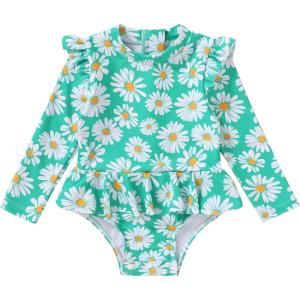 imageYOUNGER TREE Baby Swimsuit Girl Long Sleeve Ruffle Zipper Rash Guard Infant One Piece Swimwear Toddler Bathing Suit GirlGreenFlower23T