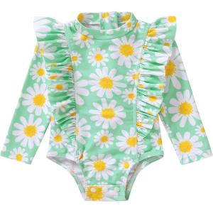 imageYOUNGER TREE Baby Swimsuit Girl Long Sleeve Ruffle Zipper Rash Guard Infant One Piece Swimwear Toddler Bathing Suit GirlGreendaisy