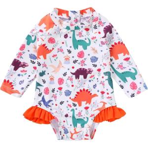 imageYOUNGER TREE Baby Swimsuit Girl Long Sleeve Ruffle Zipper Rash Guard Infant One Piece Swimwear Toddler Bathing Suit GirlOrangedinosaur