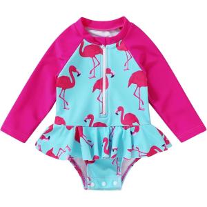 imageYOUNGER TREE Baby Swimsuit Girl Long Sleeve Ruffle Zipper Rash Guard Infant One Piece Swimwear Toddler Bathing Suit GirlPink Blueflamingo