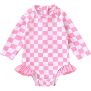 imageYOUNGER TREE Baby Swimsuit Girl Long Sleeve Ruffle Zipper Rash Guard Infant One Piece Swimwear Toddler Bathing Suit GirlPink Checkerboard