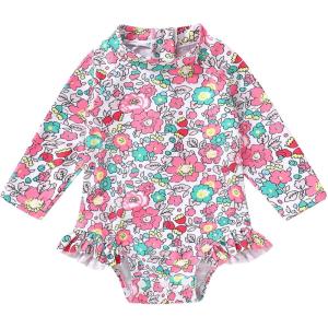 imageYOUNGER TREE Baby Swimsuit Girl Long Sleeve Ruffle Zipper Rash Guard Infant One Piece Swimwear Toddler Bathing Suit GirlPink Floral