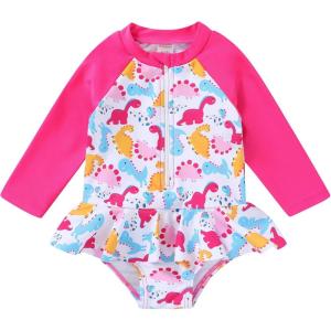 imageYOUNGER TREE Baby Swimsuit Girl Long Sleeve Ruffle Zipper Rash Guard Infant One Piece Swimwear Toddler Bathing Suit GirlPink Long Sleeve  Dinosaur