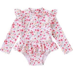 imageYOUNGER TREE Baby Swimsuit Girl Long Sleeve Ruffle Zipper Rash Guard Infant One Piece Swimwear Toddler Bathing Suit GirlPink and Little Flowers