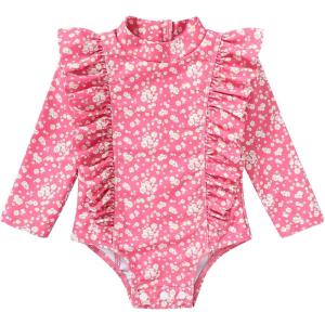 imageYOUNGER TREE Baby Swimsuit Girl Long Sleeve Ruffle Zipper Rash Guard Infant One Piece Swimwear Toddler Bathing Suit GirlPinkfloral