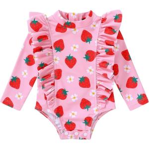 imageYOUNGER TREE Baby Swimsuit Girl Long Sleeve Ruffle Zipper Rash Guard Infant One Piece Swimwear Toddler Bathing Suit GirlPinkstrawberry