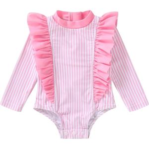 imageYOUNGER TREE Baby Swimsuit Girl Long Sleeve Ruffle Zipper Rash Guard Infant One Piece Swimwear Toddler Bathing Suit GirlPinkstripe
