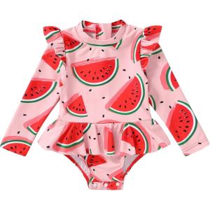 imageYOUNGER TREE Baby Swimsuit Girl Long Sleeve Ruffle Zipper Rash Guard Infant One Piece Swimwear Toddler Bathing Suit GirlPinkwatermelon