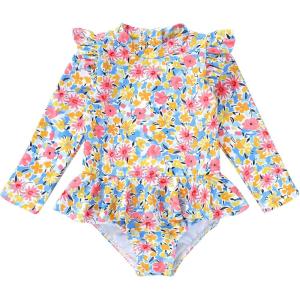 imageYOUNGER TREE Baby Swimsuit Girl Long Sleeve Ruffle Zipper Rash Guard Infant One Piece Swimwear Toddler Bathing Suit GirlPinkyellow Flowers