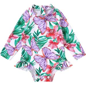 imageYOUNGER TREE Baby Swimsuit Girl Long Sleeve Ruffle Zipper Rash Guard Infant One Piece Swimwear Toddler Bathing Suit GirlPurple Butterfly Flower