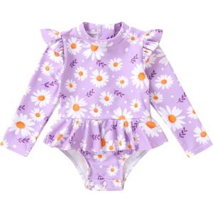imageYOUNGER TREE Baby Swimsuit Girl Long Sleeve Ruffle Zipper Rash Guard Infant One Piece Swimwear Toddler Bathing Suit GirlPurple and Daisy