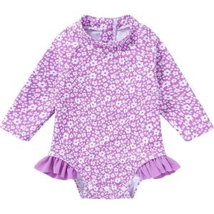 imageYOUNGER TREE Baby Swimsuit Girl Long Sleeve Ruffle Zipper Rash Guard Infant One Piece Swimwear Toddler Bathing Suit GirlPurplefloral