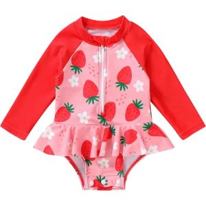 imageYOUNGER TREE Baby Swimsuit Girl Long Sleeve Ruffle Zipper Rash Guard Infant One Piece Swimwear Toddler Bathing Suit GirlRedstrawberry