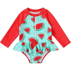imageYOUNGER TREE Baby Swimsuit Girl Long Sleeve Ruffle Zipper Rash Guard Infant One Piece Swimwear Toddler Bathing Suit GirlRedwatermelon