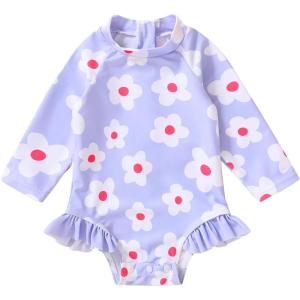 imageYOUNGER TREE Baby Swimsuit Girl Long Sleeve Ruffle Zipper Rash Guard Infant One Piece Swimwear Toddler Bathing Suit GirlWhite Floralpurple