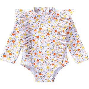 imageYOUNGER TREE Baby Swimsuit Girl Long Sleeve Ruffle Zipper Rash Guard Infant One Piece Swimwear Toddler Bathing Suit GirlYellow Floral