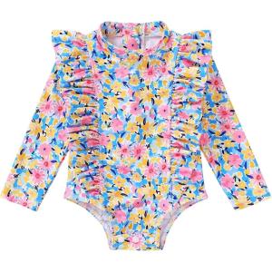 imageYOUNGER TREE Baby Swimsuit Girl Long Sleeve Ruffle Zipper Rash Guard Infant One Piece Swimwear Toddler Bathing Suit GirlYellowflower