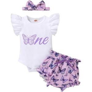 imageYOUNGER TREE Infant Baby Girl 1st Birthday Outfits Bumble Bee Printed One Romper Shorts Headband Summer Ruffle Sleeve ClothesButterflies