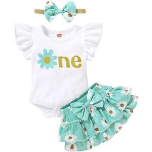 imageYOUNGER TREE Infant Baby Girl 1st Birthday Outfits Bumble Bee Printed One Romper Shorts Headband Summer Ruffle Sleeve ClothesChrysanthemum