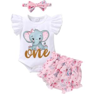 imageYOUNGER TREE Infant Baby Girl 1st Birthday Outfits Bumble Bee Printed One Romper Shorts Headband Summer Ruffle Sleeve ClothesElephant Sweet One