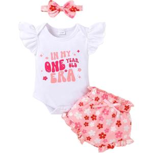 imageYOUNGER TREE Infant Baby Girl 1st Birthday Outfits Bumble Bee Printed One Romper Shorts Headband Summer Ruffle Sleeve ClothesIn My One Era