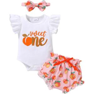 imageYOUNGER TREE Infant Baby Girl 1st Birthday Outfits Bumble Bee Printed One Romper Shorts Headband Summer Ruffle Sleeve ClothesPeach Sweet One