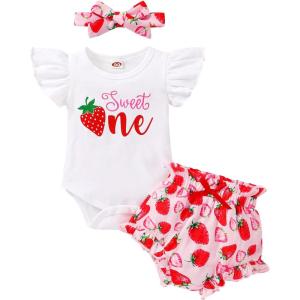 imageYOUNGER TREE Infant Baby Girl 1st Birthday Outfits Bumble Bee Printed One Romper Shorts Headband Summer Ruffle Sleeve ClothesStrawberry Sweet One