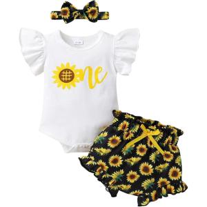 imageYOUNGER TREE Infant Baby Girl 1st Birthday Outfits Bumble Bee Printed One Romper Shorts Headband Summer Ruffle Sleeve ClothesSunflower One