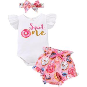 imageYOUNGER TREE Infant Baby Girl 1st Birthday Outfits Bumble Bee Printed One Romper Shorts Headband Summer Ruffle Sleeve ClothesSweet One Donuts Pink