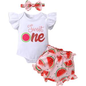 imageYOUNGER TREE Infant Baby Girl 1st Birthday Outfits Bumble Bee Printed One Romper Shorts Headband Summer Ruffle Sleeve ClothesWatermelon Sweet One