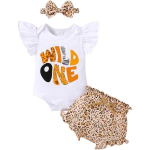 imageYOUNGER TREE Infant Baby Girl 1st Birthday Outfits Bumble Bee Printed One Romper Shorts Headband Summer Ruffle Sleeve ClothesWild One
