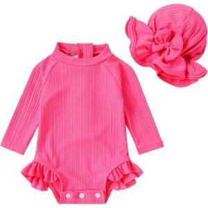 imageYOUNGER TREE Infant Baby Girls Swimsuit Long Sleeve Swimsuit One Piece Swimsuit Solid Color Bathing Suit with Hat UPF 50Barbie Pink