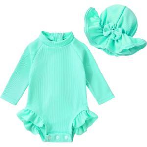 imageYOUNGER TREE Infant Baby Girls Swimsuit Long Sleeve Swimsuit One Piece Swimsuit Solid Color Bathing Suit with Hat UPF 50Green