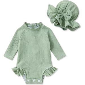 imageYOUNGER TREE Infant Baby Girls Swimsuit Long Sleeve Swimsuit One Piece Swimsuit Solid Color Bathing Suit with Hat UPF 50Light Green
