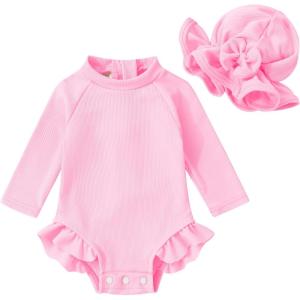 imageYOUNGER TREE Infant Baby Girls Swimsuit Long Sleeve Swimsuit One Piece Swimsuit Solid Color Bathing Suit with Hat UPF 50Light Pink