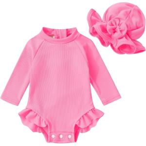 imageYOUNGER TREE Infant Baby Girls Swimsuit Long Sleeve Swimsuit One Piece Swimsuit Solid Color Bathing Suit with Hat UPF 50Pink