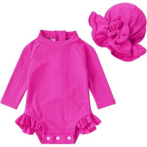 imageYOUNGER TREE Infant Baby Girls Swimsuit Long Sleeve Swimsuit One Piece Swimsuit Solid Color Bathing Suit with Hat UPF 50Red