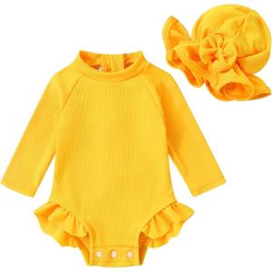 imageYOUNGER TREE Infant Baby Girls Swimsuit Long Sleeve Swimsuit One Piece Swimsuit Solid Color Bathing Suit with Hat UPF 50Yellow