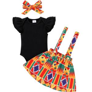 imageYOUNGER TREE Infant Toddler Baby Girl Summer Outfit Sunflower Strap Sets Sleeveless Romper Suspender Skirt 3pcs Clothing SetsColorful