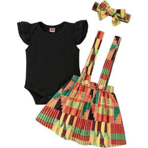 imageYOUNGER TREE Infant Toddler Baby Girl Summer Outfit Sunflower Strap Sets Sleeveless Romper Suspender Skirt 3pcs Clothing SetsDashiki Ankara